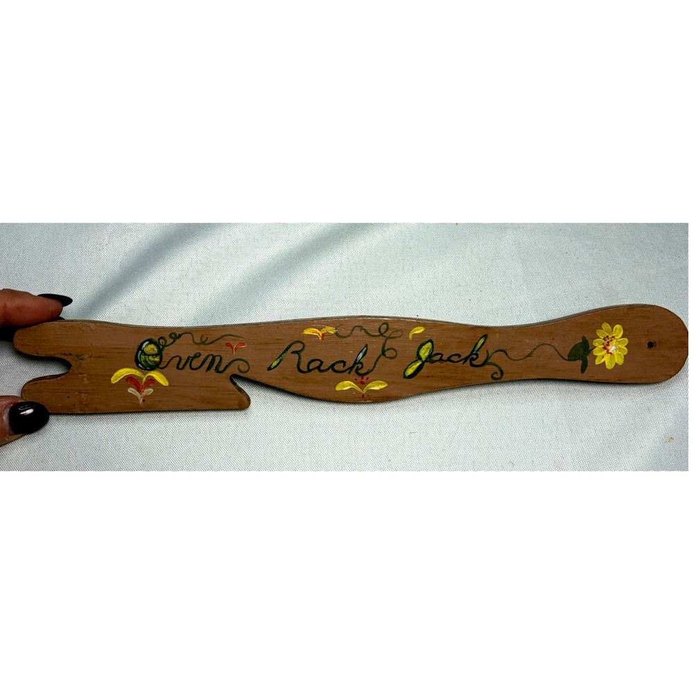 Vintage Hand Painted Oven Rack Jack Wooden Rack Pull Signed Folk Art 1980